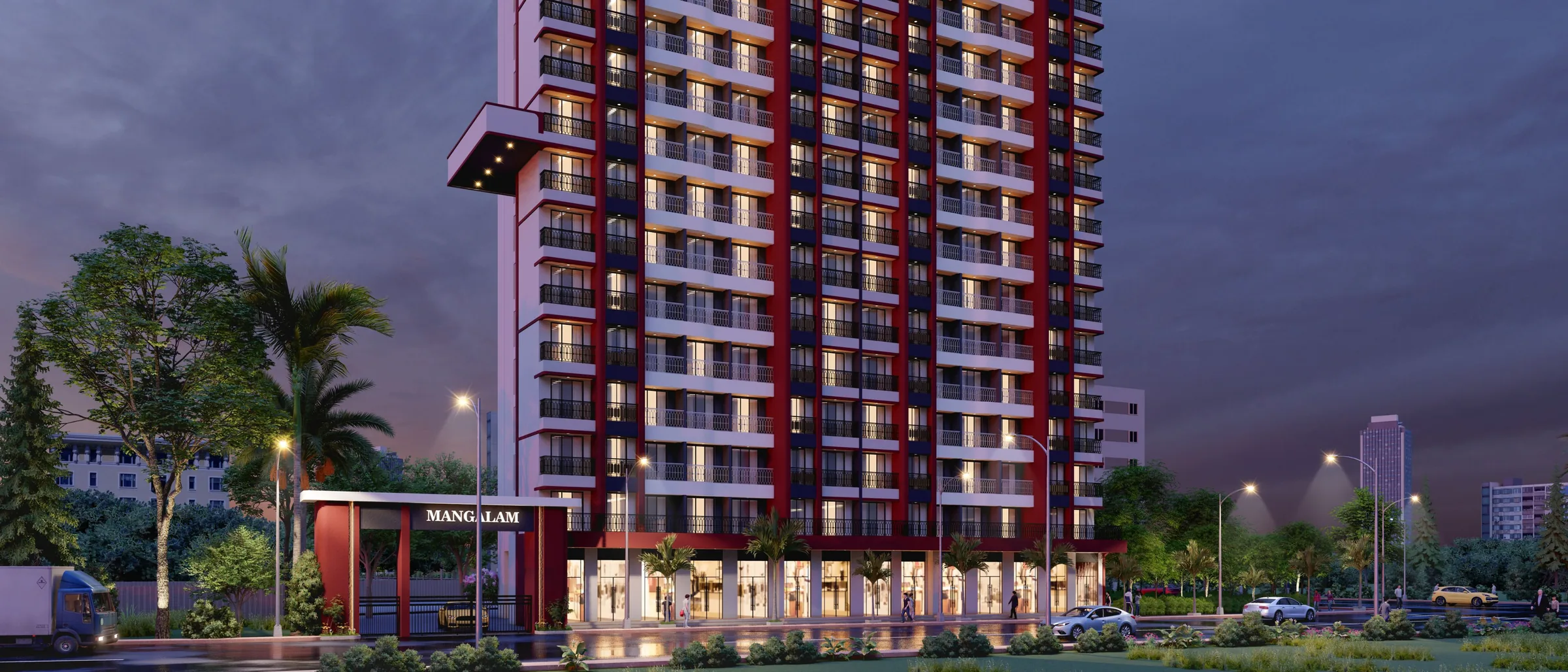 Artist's impression of the podium shops and entrance gate lit at dusk