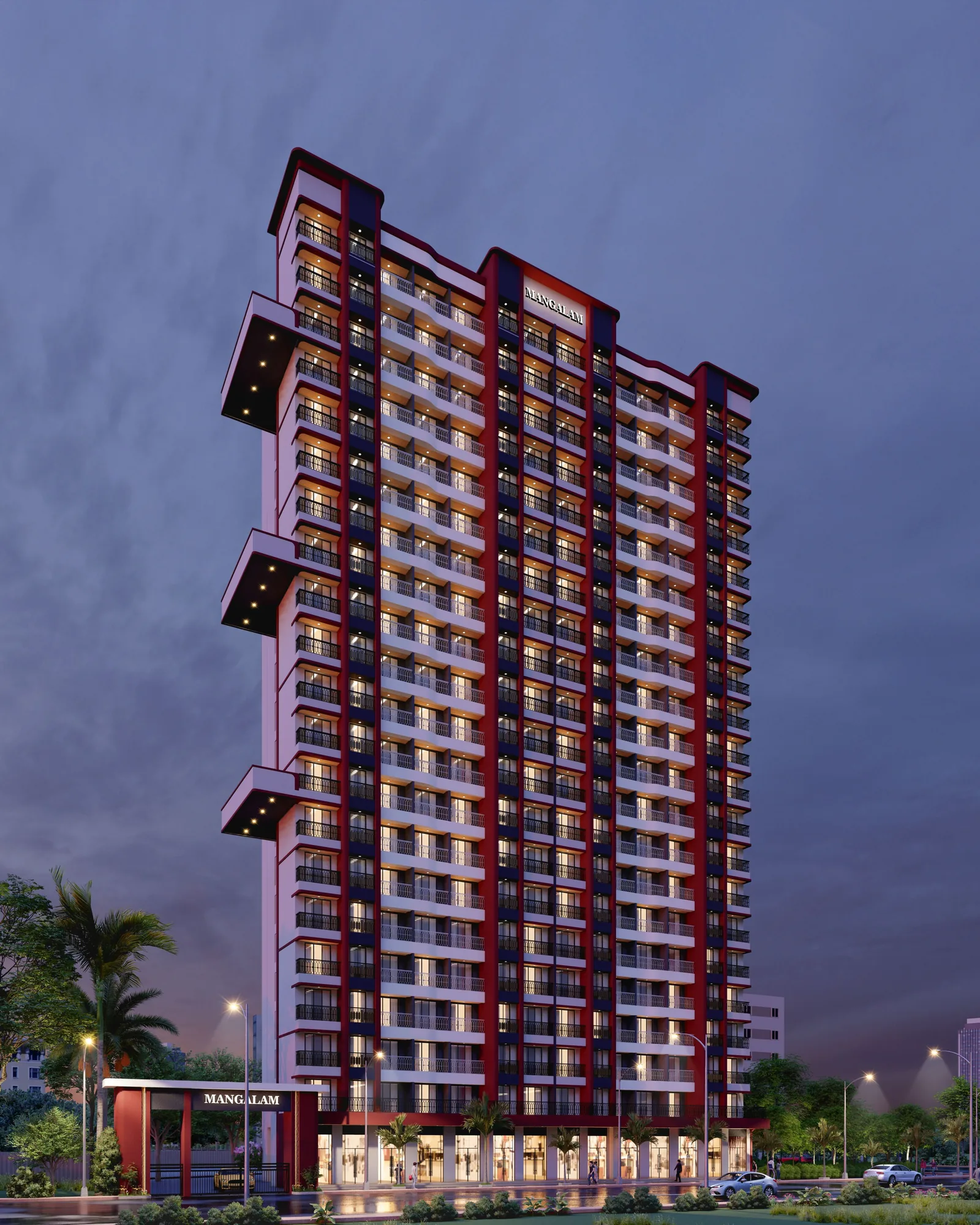 Artist's impression of the Milan Mangalam tower at dusk, lit balconies above a ground-floor retail podium and entrance gate