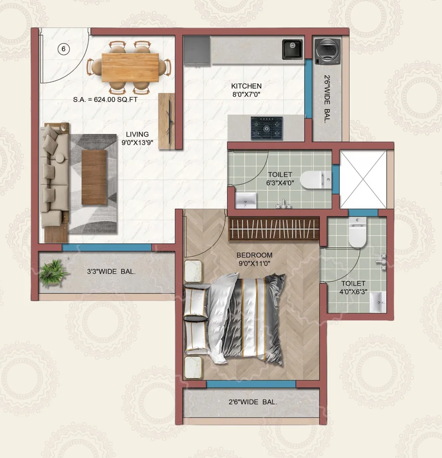 Floor plan: 1 BHK Type 1 with living and dining area, kitchen, bedroom, two toilets and balconies