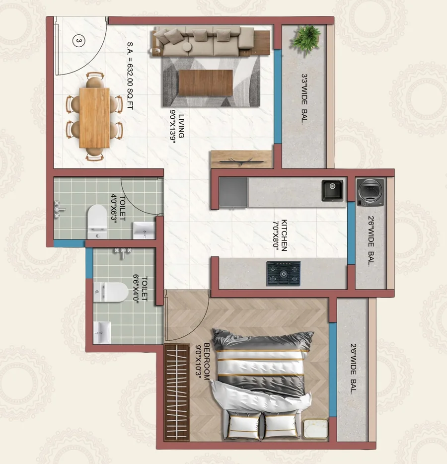 Floor plan: 1 BHK Type 2