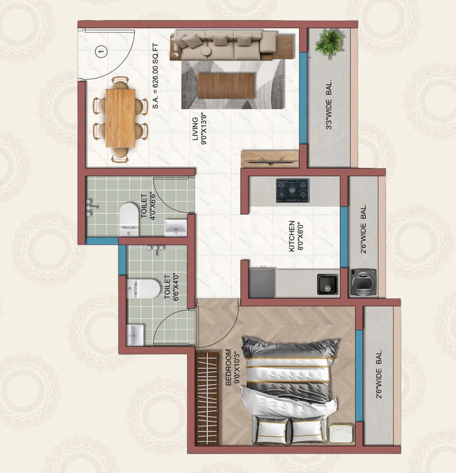 Floor plan: 1 BHK Type 3