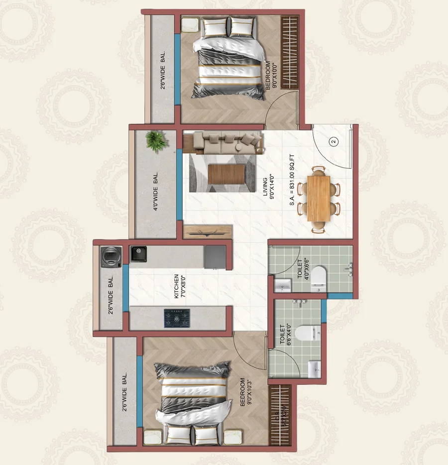 Floor plan: 2 BHK Type 3 with two bedrooms, living and dining area, kitchen, two toilets and balconies