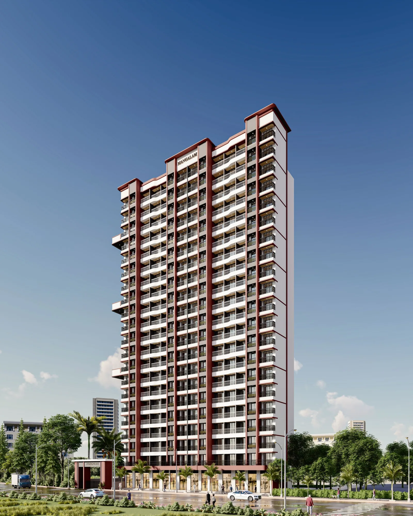 Artist's impression of the Milan Mangalam tower by day under a clear blue sky